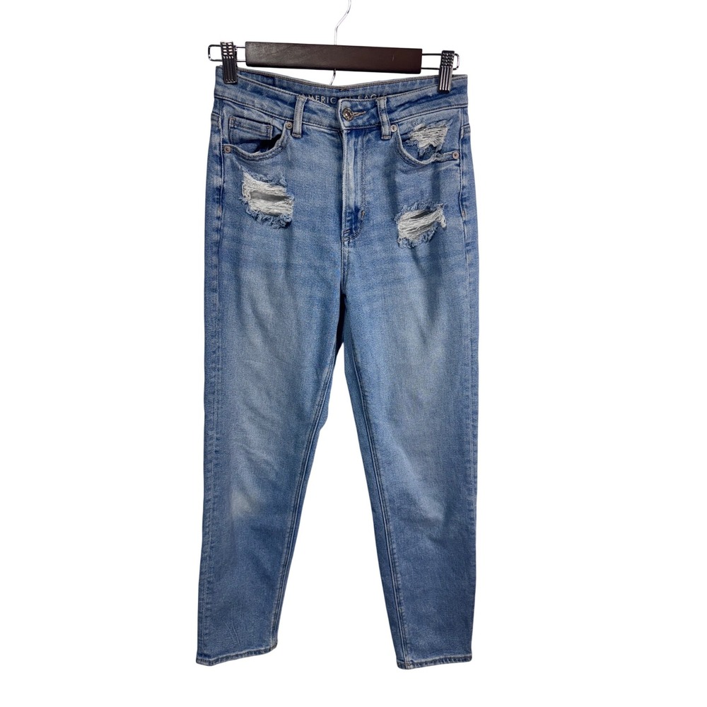 American‎ Eagle Mom Straight Jean Women Size 0 Light Wash Distressed Blue